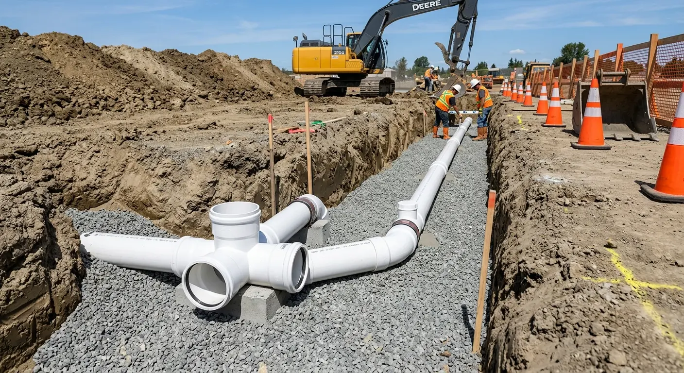 New PVC sewer pipe installation in open trench for Sewer Backup in Rio Vista