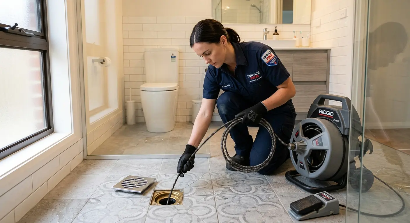 Technician clearing a bathroom floor drain for Drain Cleaning in Rio Vista